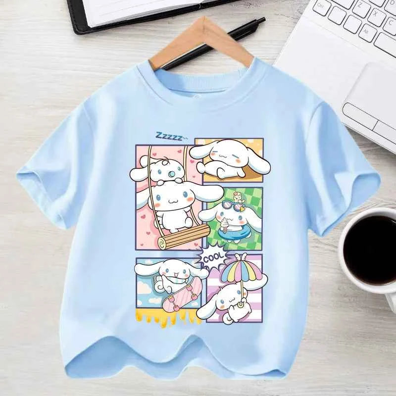 2026 Summer Casual Clothes Kawaii Gift Cute Cinnamoroll Girl T-shirt Cotton Anime Print Tee Shirt Kids Short Sleeve Streetwear