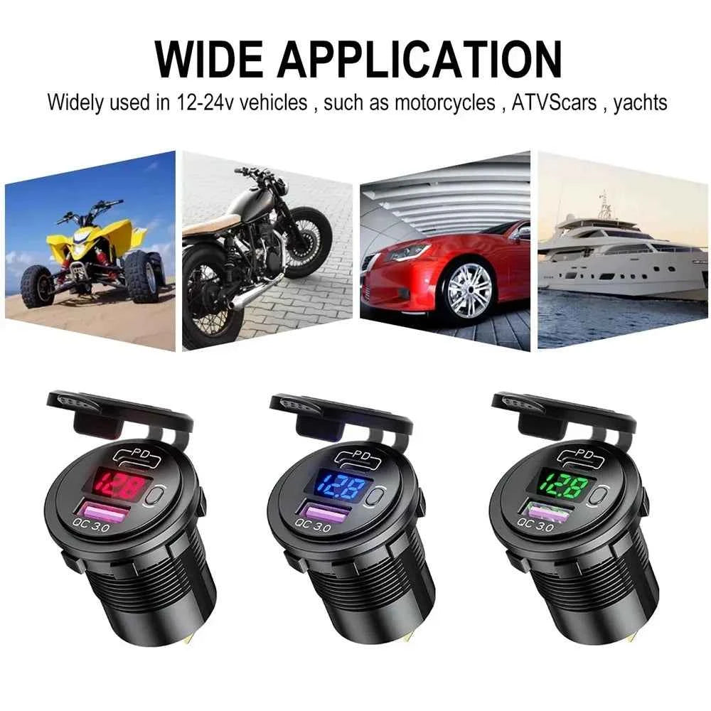 USB C Car Charger Socket 12V/24V Dual USB Socket PD3.0 and QC3.0 Car USB Port With LED Voltmeter and On/Off Switch