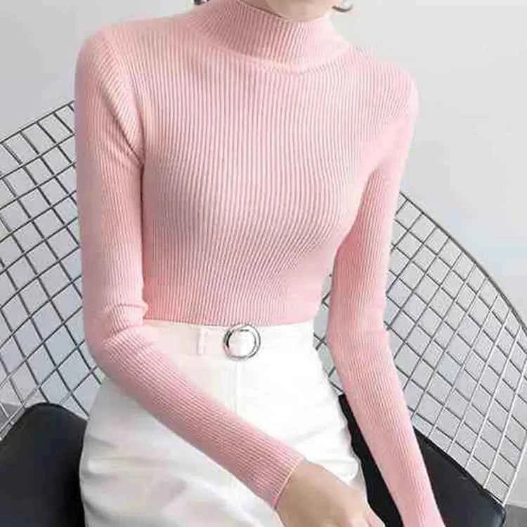 Autumn Winter Mock Neck Women Sweater Vintage Basic Solid Knitted Tops Casual Slim Pullover Korean Sweaters Simple Chic Jumpers
