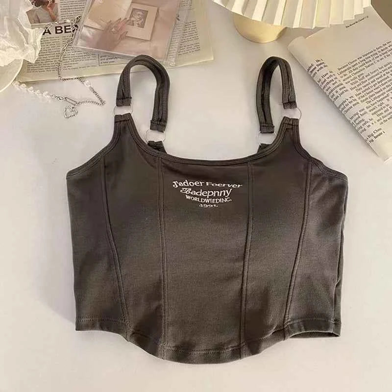 Women Crop Top Summer Y2K Lrregular Hem Slim Tank Tops Casual Sexy Female White Streetwear Letter Tank Tops With Pad Woman