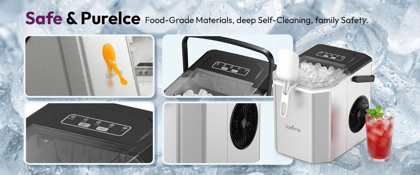 LOEFME 12kg/24h Electric Ice Maker Machine Bullet Ice 6 Mins 9pcs Ice Cubes Self-Cleaning Ice Maker for Home Cafes Camping Party