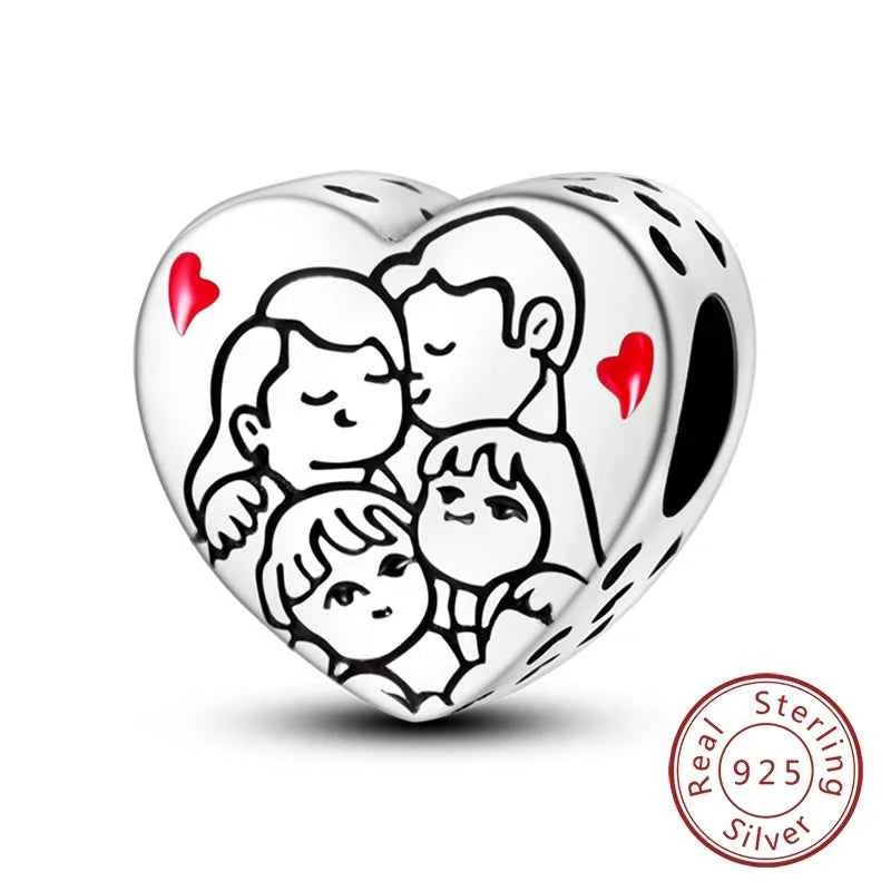 Original 925 Sterling Silver Charm Bead Mother's Day Love Heart Family Charm Bead Pendant Fits Bracelet Womens Jewelry Gifts