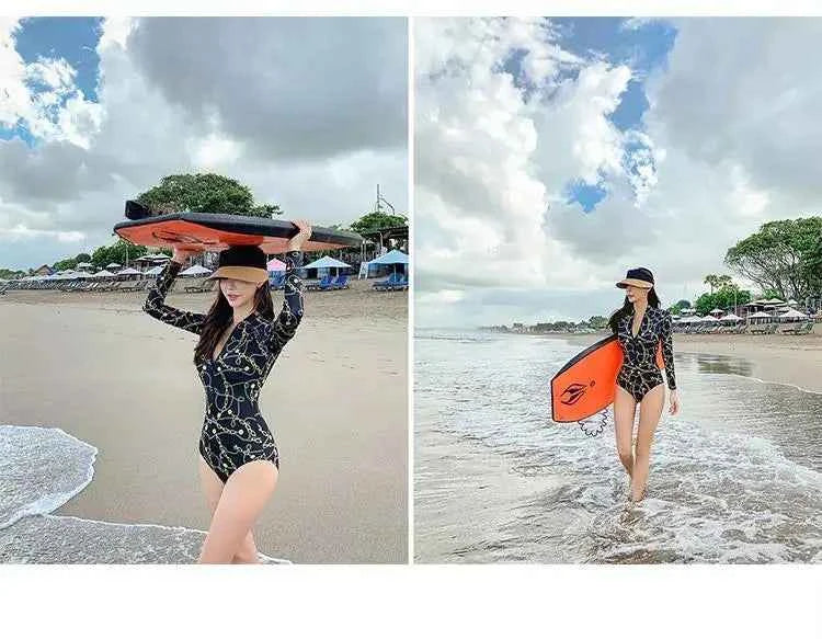 Style Diving Sun Protection Long-sleeved One-piece Ins Slimming Belly-covering Conservative Swimsuit for Women Jellyfish Suit