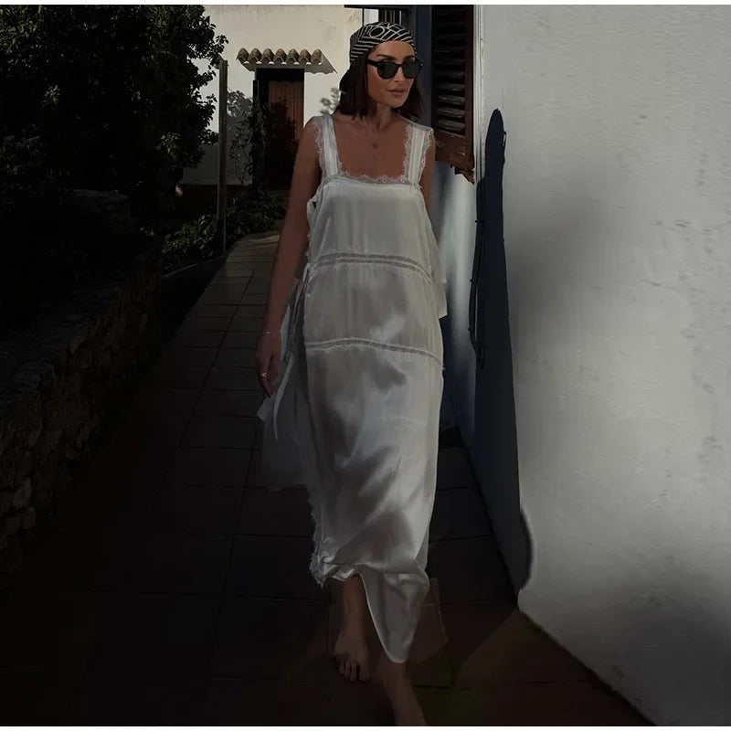 Sexy Solid Lace Patchwork Women's Dress Sleeveless Sling High Split Hollow Out Lady Dresses 2026 Summer Vacation Female Robe