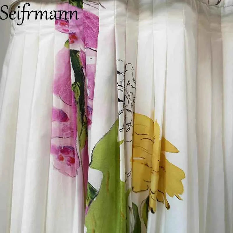 Seifrmann printed white background poplin dress 2025 autumn round neck short sleeved waist cinched long skirt belt dress