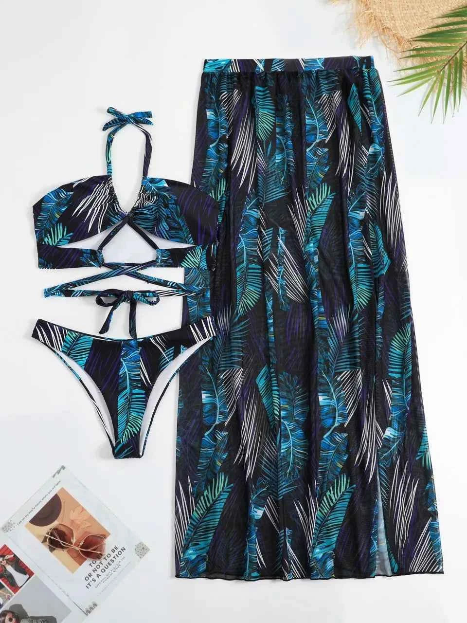 3 Pieces Print Cross Bikini 2025 Women Sexy Halter Swimsuit & Cover Up Beach Dress Swimwear Bathers Bathing Swimming Suit Summer