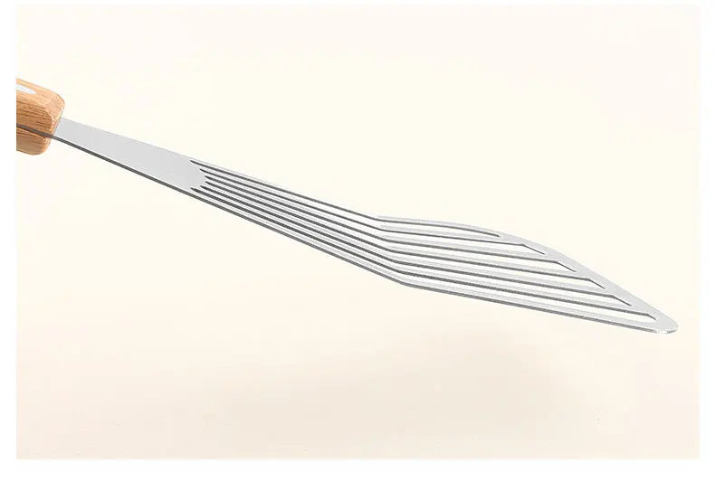 1PC Stainless Steel Fish Frying Shovel with Wooden Handle Fan-shaped Shovel Household High-temperature Frying Shovel