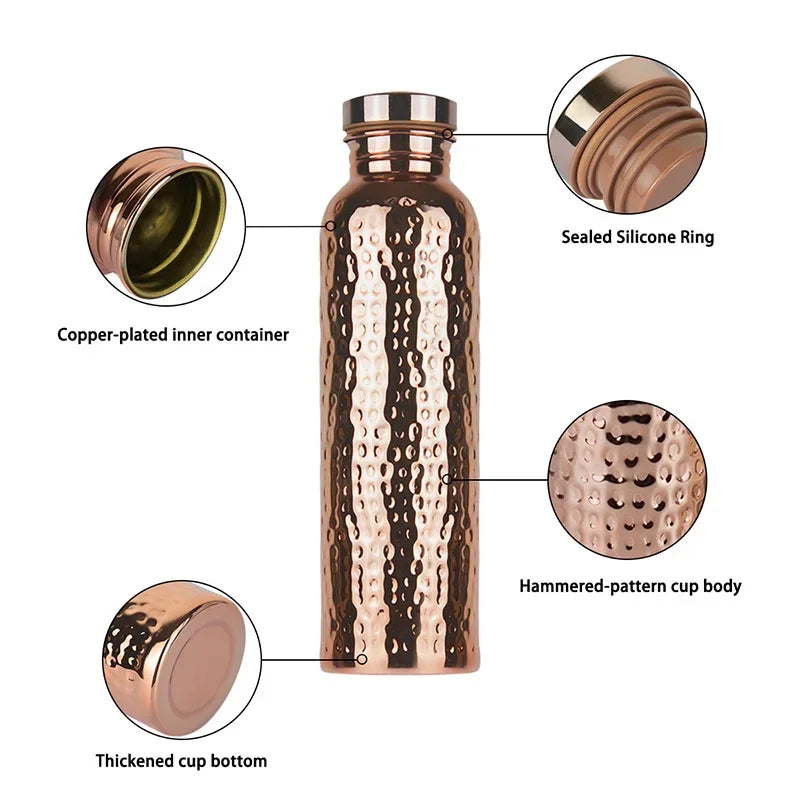 800ML Electroplated Copper Water Bottle One-Click Open Lid Anti-Slip Silicone Base Hammer Pattern Bottle Sports Bottle