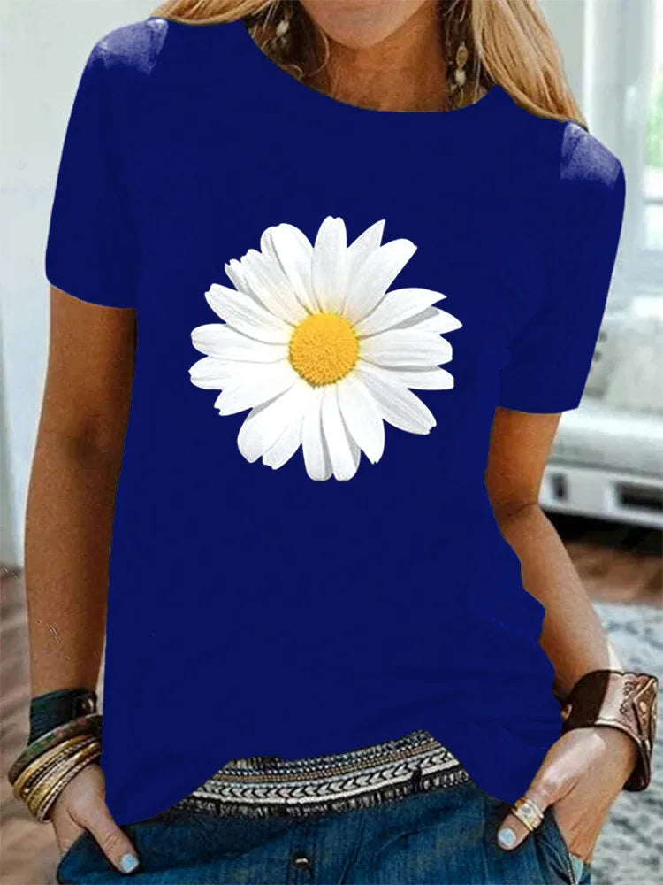 Cotton  100% Women's Round-neck Daisy Print Short-sleeved T-shirt for Women Harajuku  Aesthetic Clothes  Graphic T Shirts  Tops