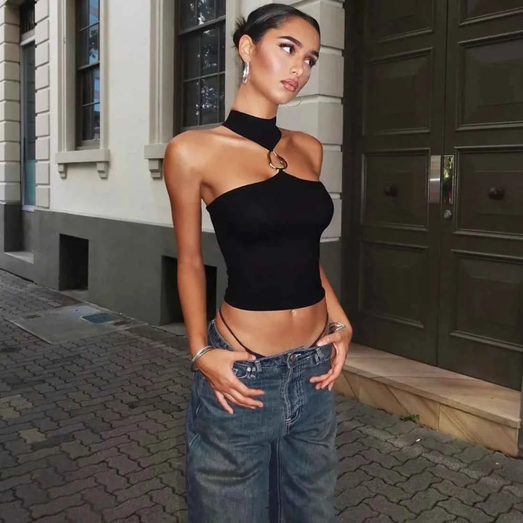 Metal Buckle Decoration Tank Tops Women Turtleneck Off Shoulder Skinny Stretch Street Fashion Wild Style Solid Outfits