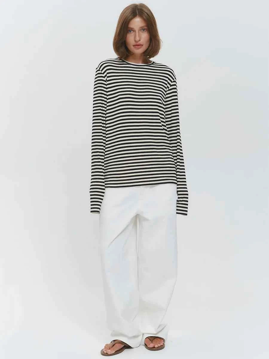 Bornladies Autumn New Fashion Women Cotton Striped Long Sleeve T Shirt Office Casual Simple Round Neck Pullover Tops & Tees