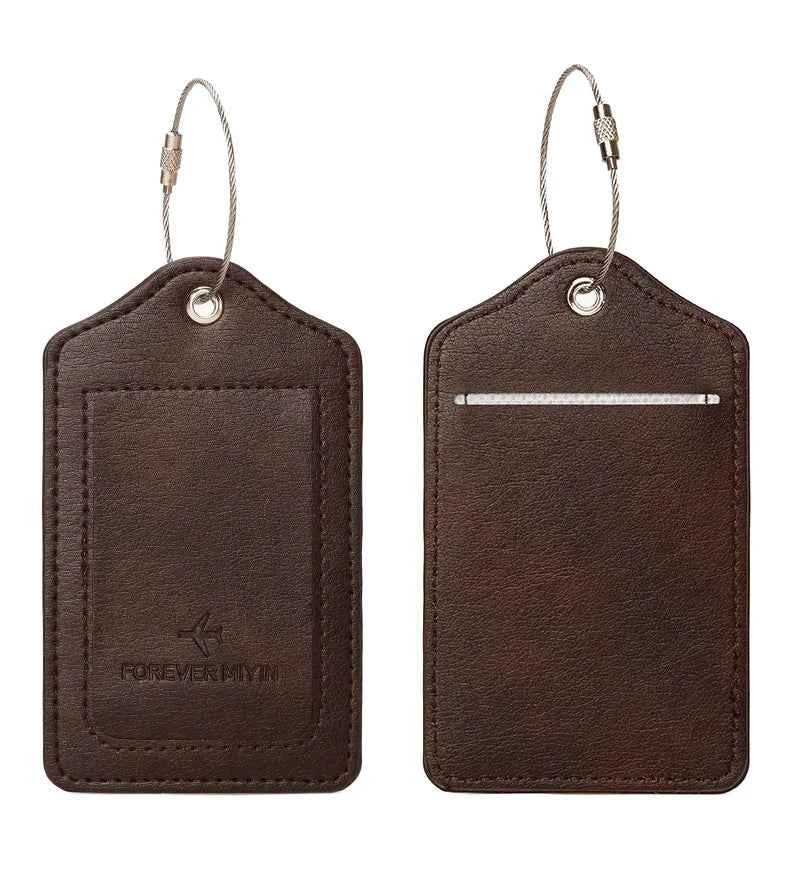 PU leather luggage tag with anti loss wire rope loop and built-in privacy protection cover, suitable for luggage and travel bags