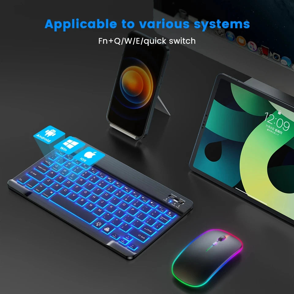 Mini Backlit RGB 10inch Bluetooth Keyboard Wireless Mouse Rechargeable for Spanish Russian Hebrew Korean French Arabic Portugal