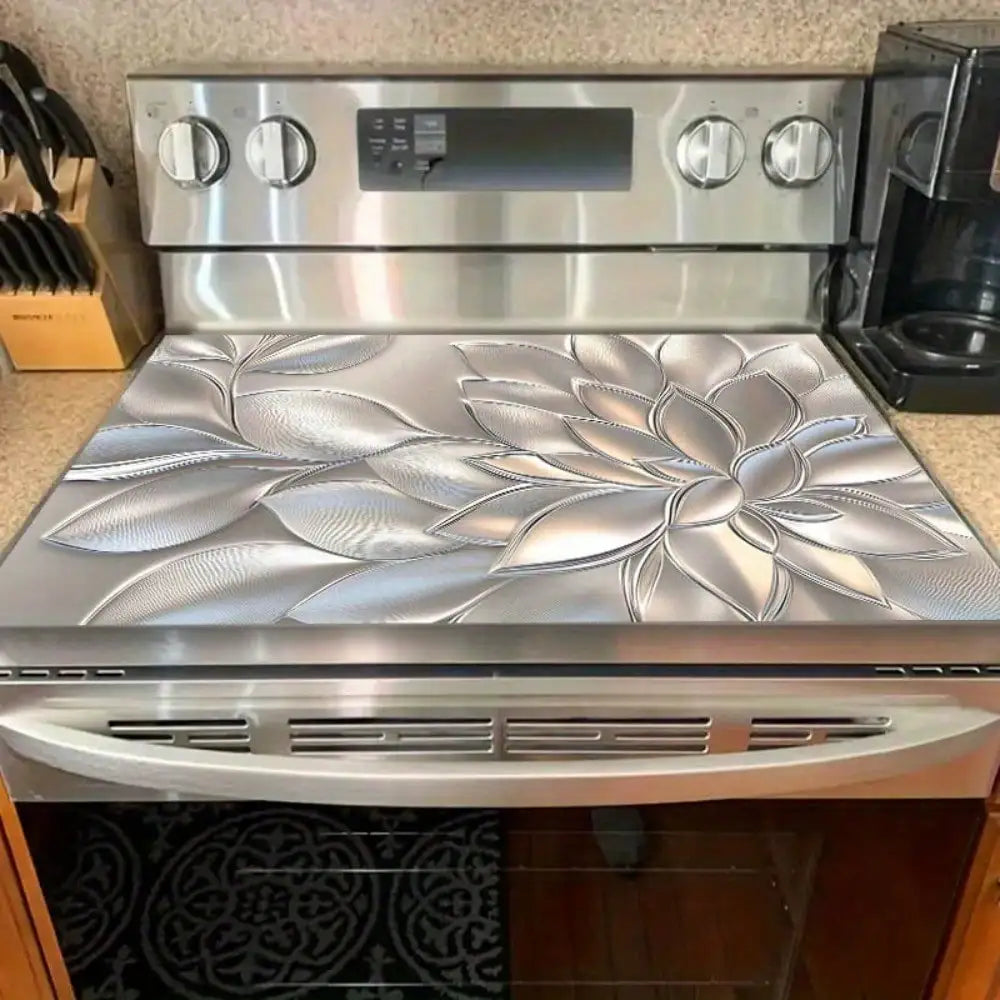 A Protective Mat for a Stove Cover, Featuring a 2D Golden Three-Dimensional Petal Pattern Design, Stylish, Heat-Resistant
