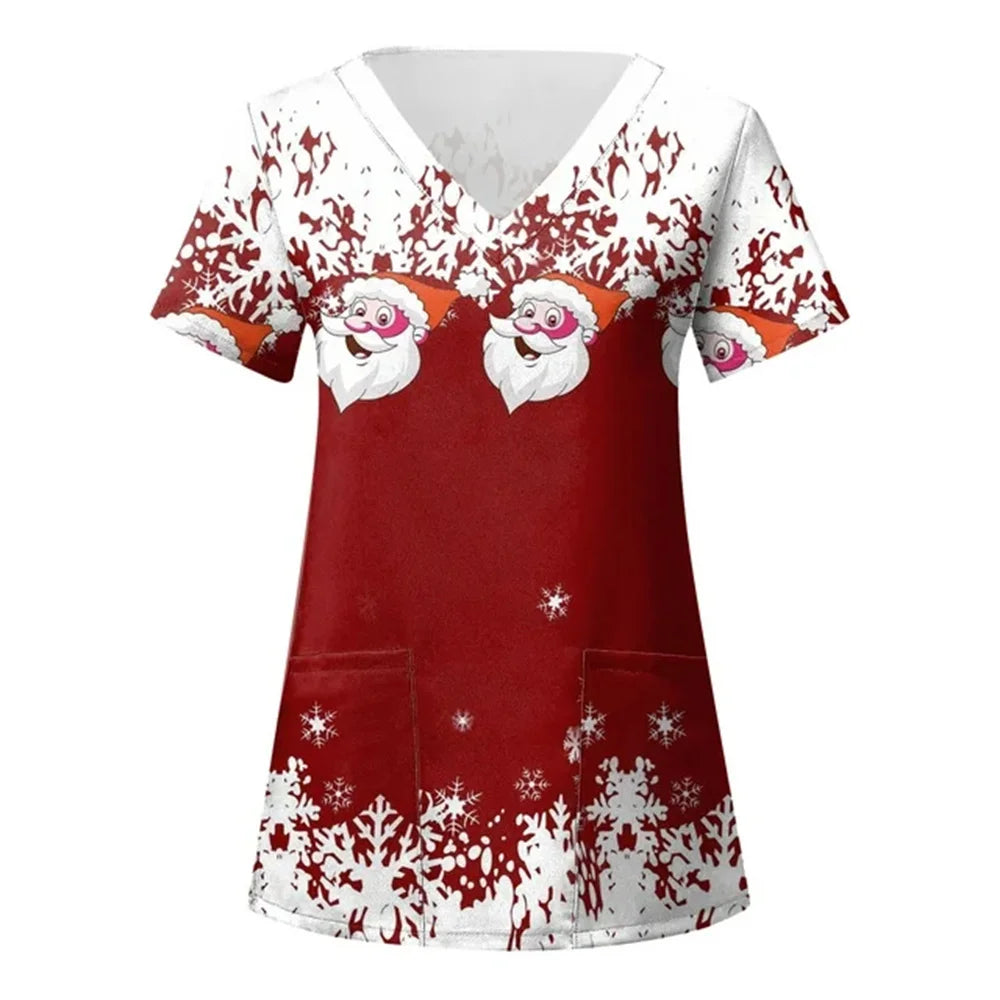 Womens Christmas Nurse T Shirt Print Short Sleeve V Neck Workwear With Pocket Working Nurse Work Wear Overalls Medical Uniforms