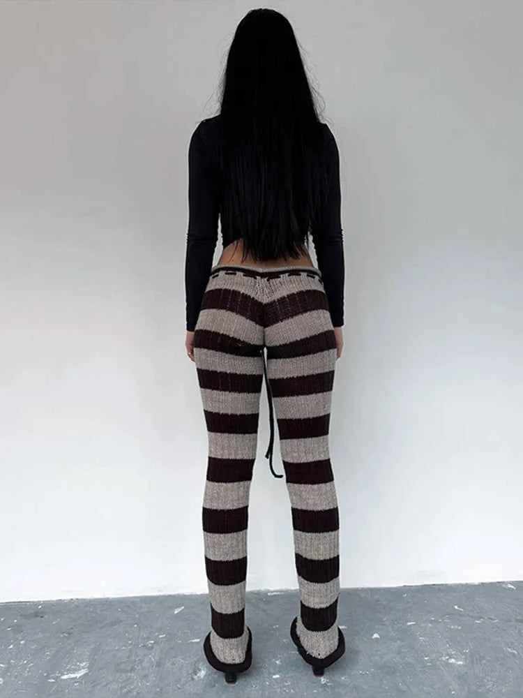 Kliou Stripe Patchwork Long Pants Woman Autumn Trend Crochet Shirring Elastic High Waist Skinny Peach Hip Street Style Bottoms