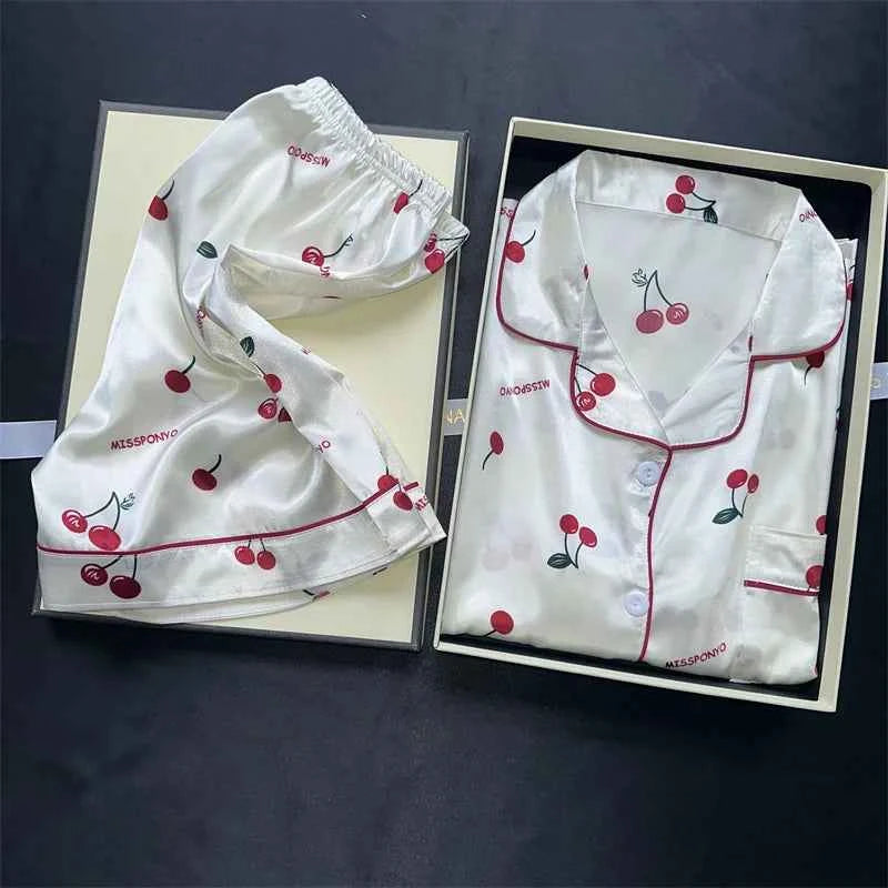 Cherry Print Silk Pajamas Set for Women Summer Short Sleeve Shirt and Shorts Two Pieces Sleepwear Homewear Nightwear