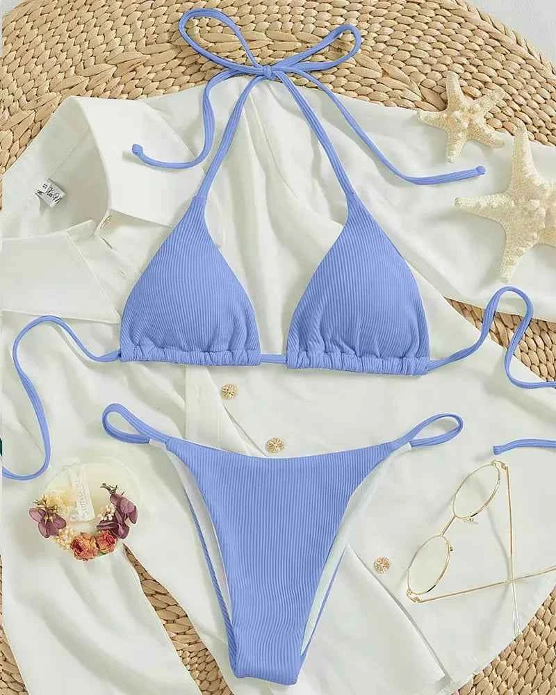 2025 Special Pit Stripe Fabric Bikini Set Women Sexy Simple Solid Halter Bikini Swimsuit High Waisted Lace Up Beach Bathing Suit