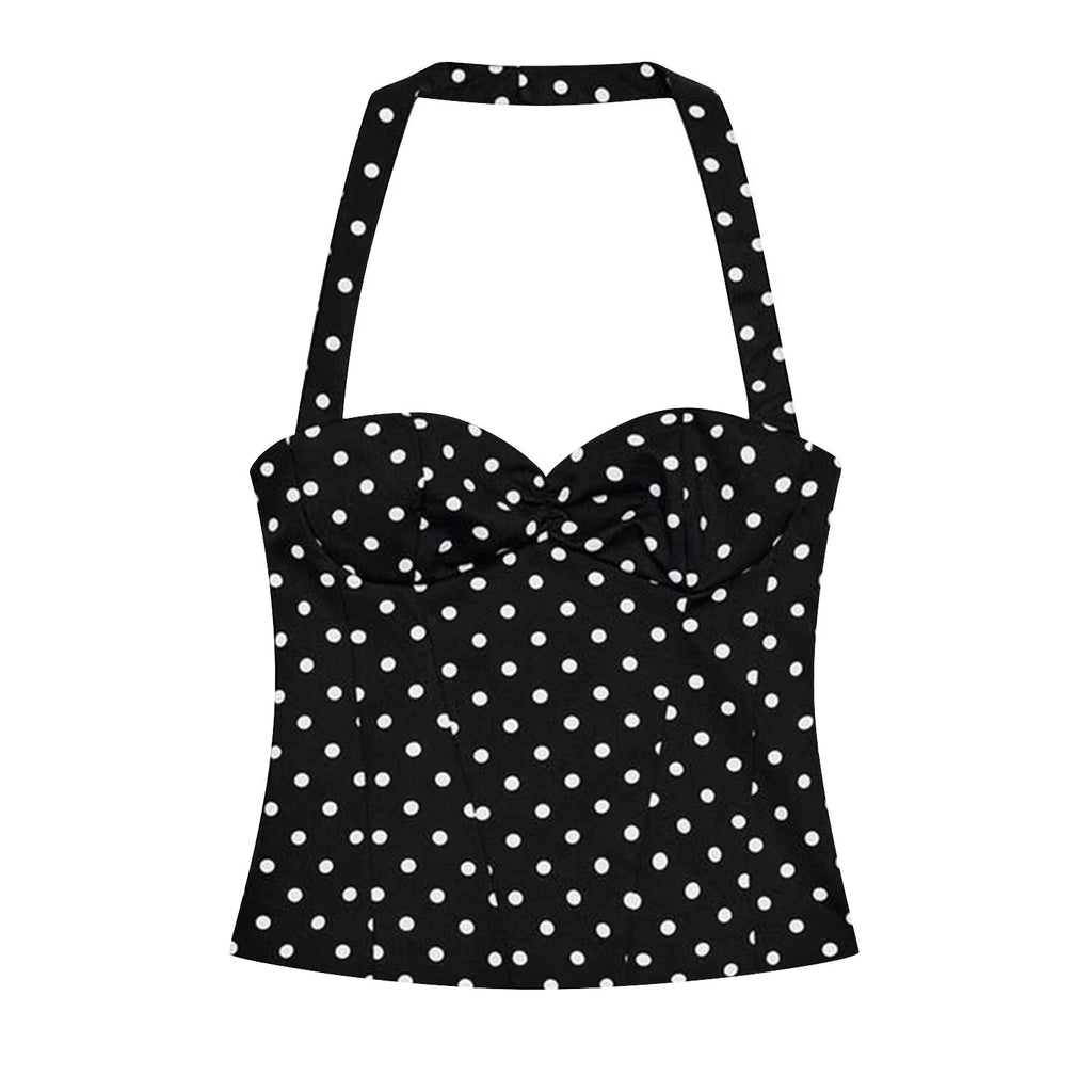 DEEABAE 2026 summer French style hanging neck polka dot camisole vest for women slim fit and slimming ruffled edge sexy top