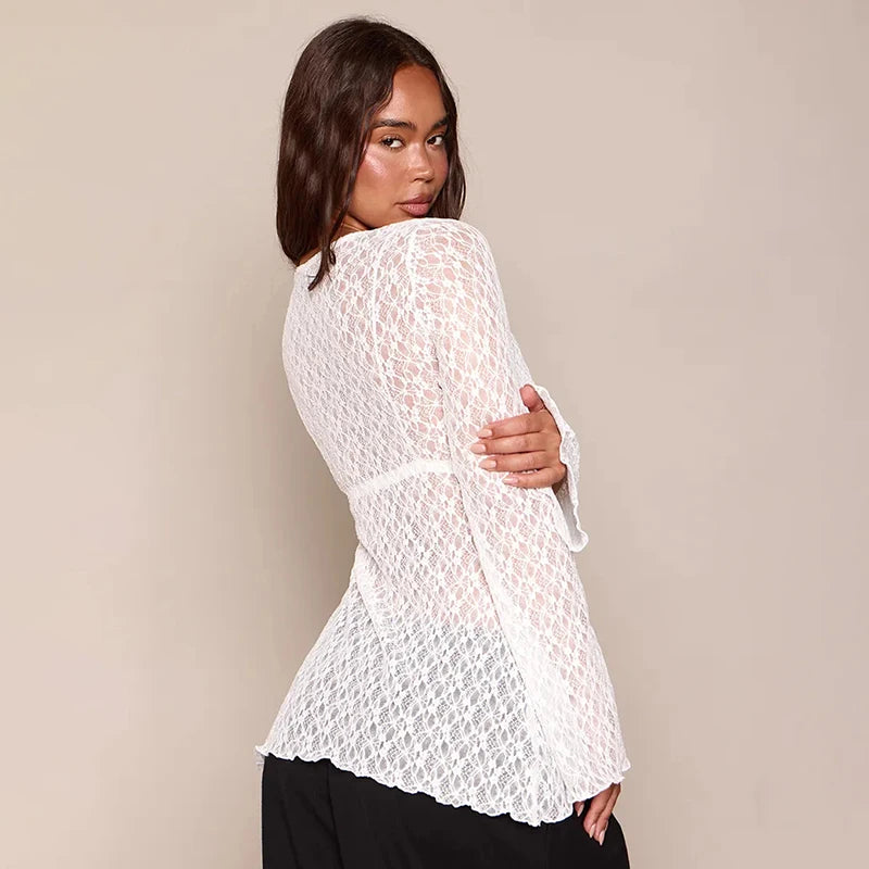 French style pure desire V-neck lace long sleeved shirt, slimming and versatile, long sleeved top