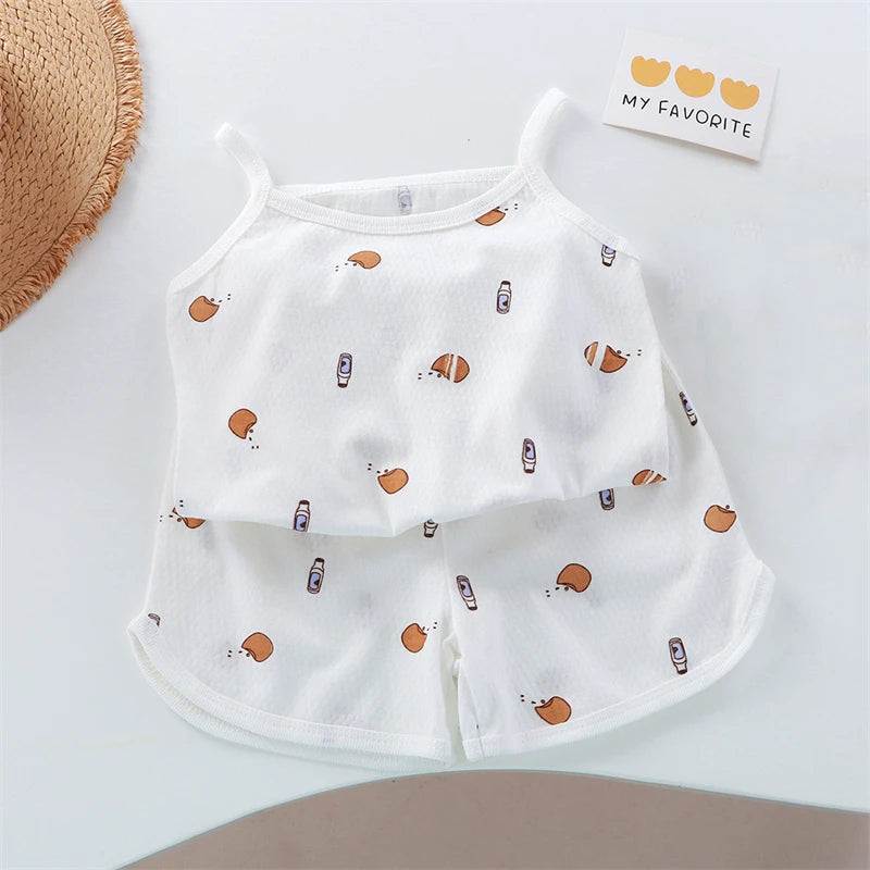 2026 New Kids Tops+shorts Set Summer Thin Baby Cotton Vest Sleeveless Loungewear Set for Girls Suit