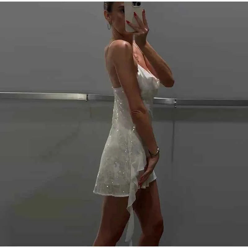 Glitter Flounce Mini Dress Woman Cinched Waist Sleeveless A-Line Halter Dresses Sexy Chic Women's Fashion Summer Short Dresses