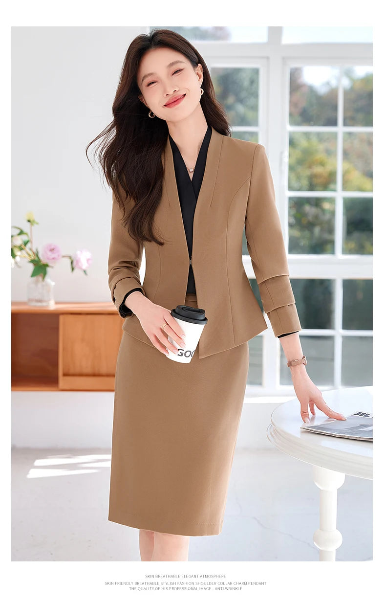 AIyssa Fashionable classic long-sleeved suit set, office business women's clothing, high-quality two-piece suit jacket + skirt.