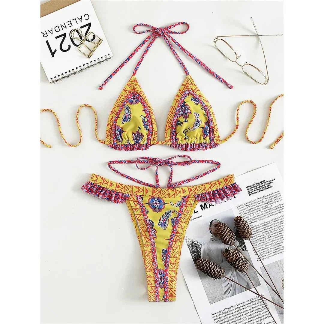 5 Colors Sexy Printed Halter Frilled Bikini Women Swimwear Female Swimsuit Two-pieces Bikini set Bather Bathing Suit Swim V4651