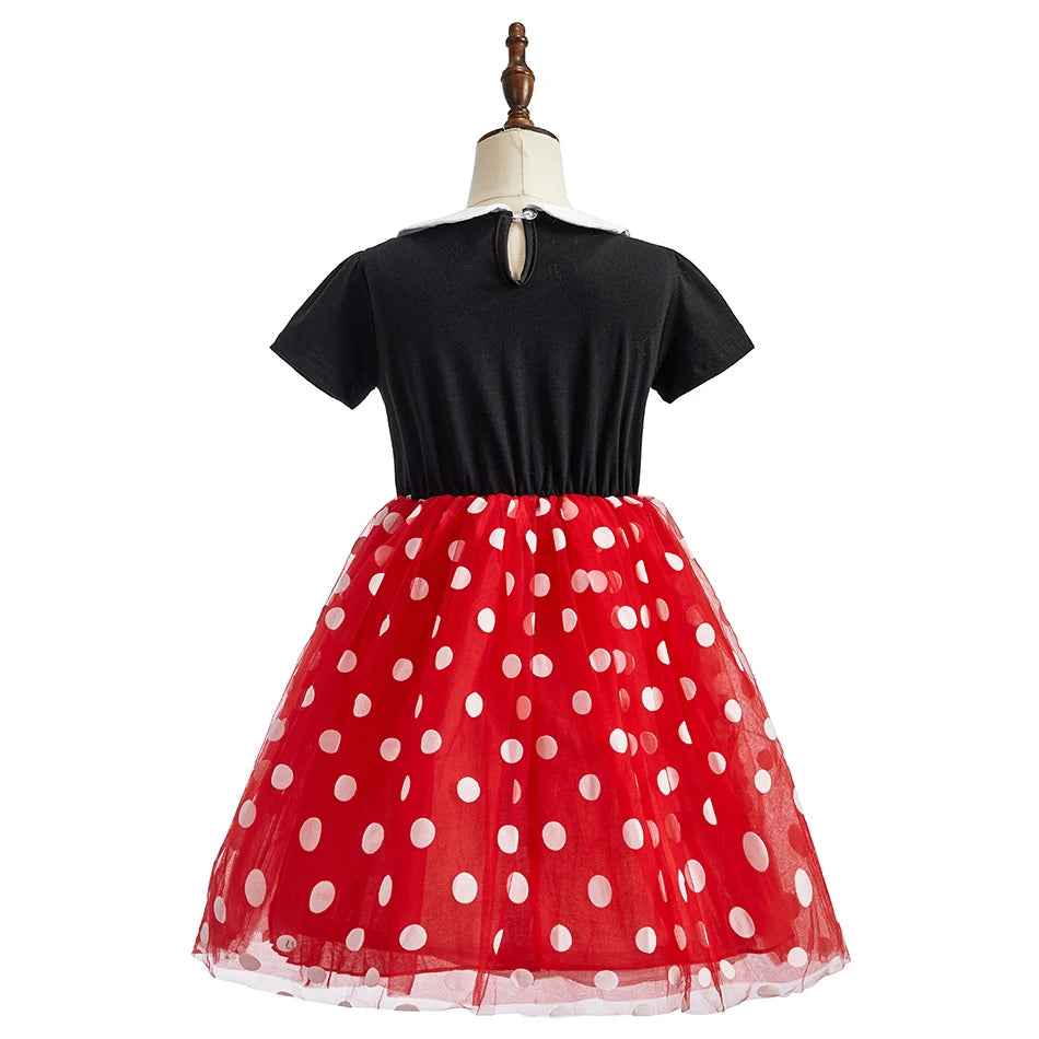 Children Casual Clothes Summer Short Sleeve Dots Girls Dress Kids Peter Pan Collar Cute Birthday Costume with Mouse Ear Headband