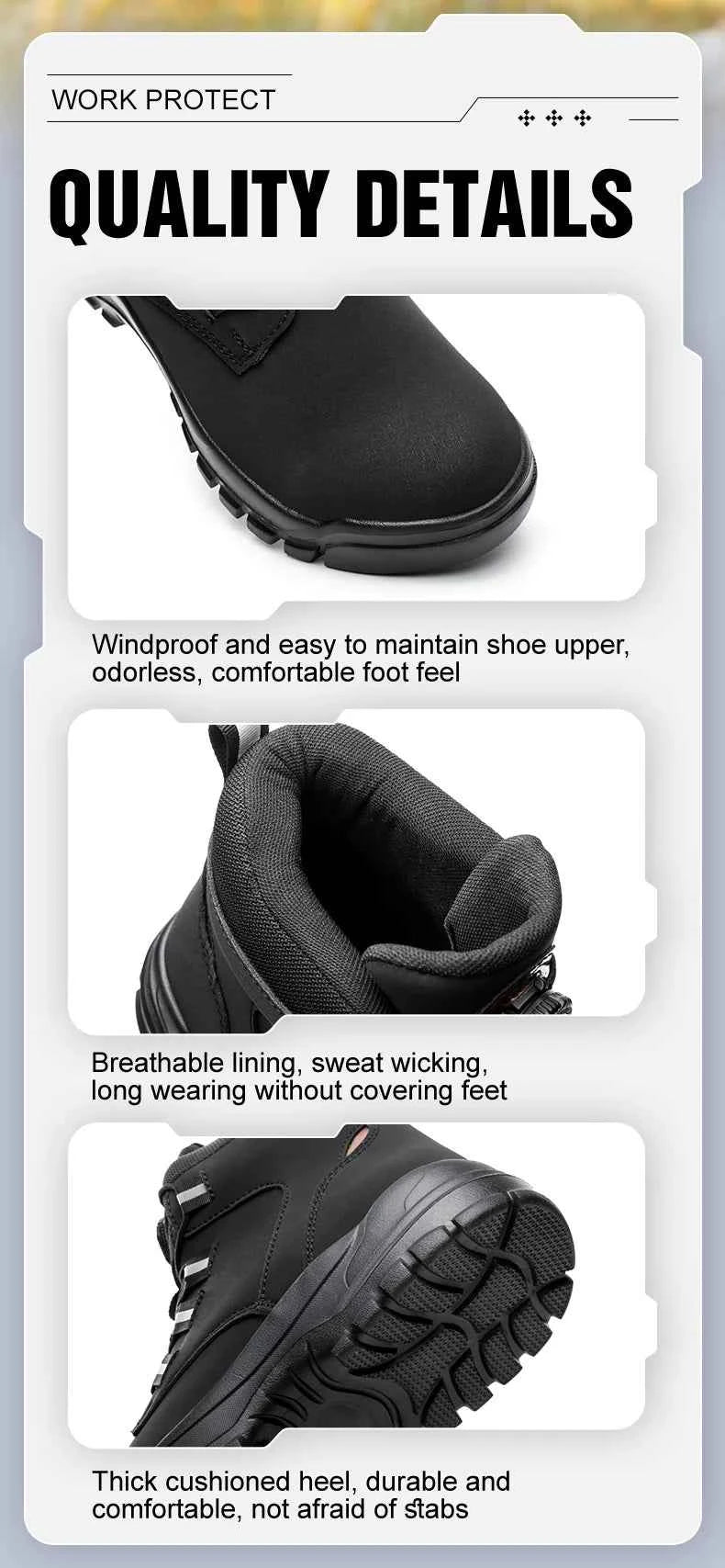 Leather Non Slip Work Boots for Men Rotating Button Safety Shoes Steel Toe Sneaker Male Puncture Proof Protective Boots