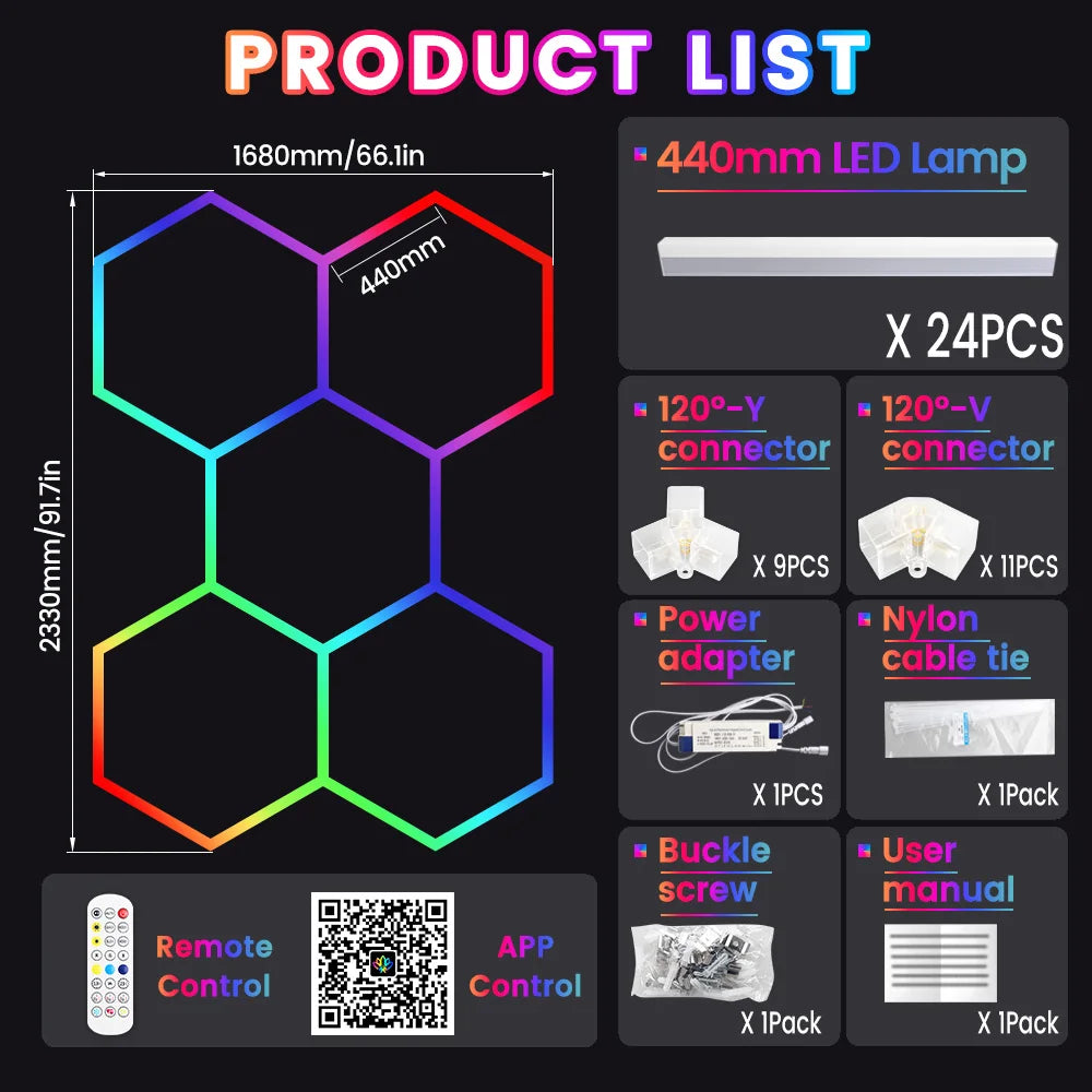 Smart hexagonal honeycomb RGB ambient tube light DIY modular splicing plug and play color lamp 85V-265V phone APP & remote control support timing shutdown music sync mode brightness and color adjustable, ideal for gaming room
