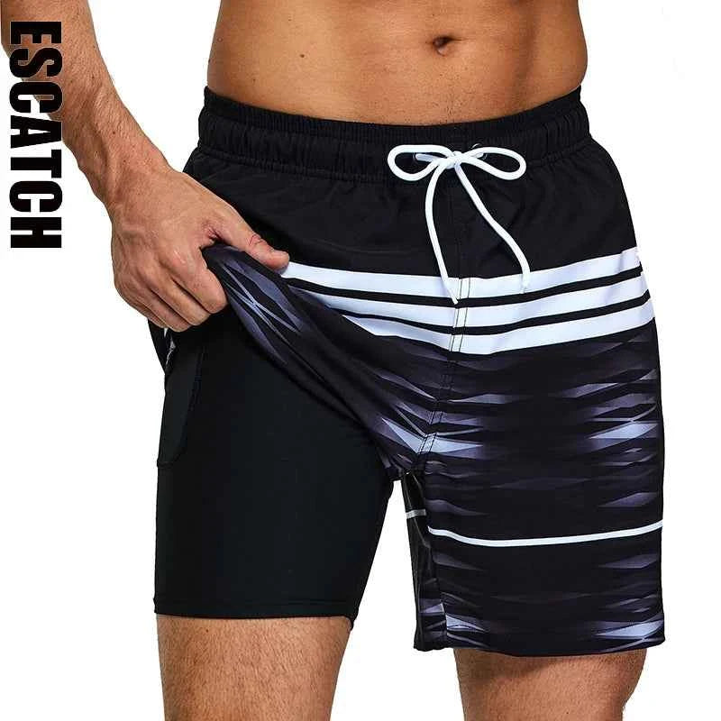 ESCATCH 2026 Summer New Arrival Mens Shorts 2 in 1 Quick Dry Gym Printing Swim Trunks Beach Side Zipper Pockets Swimsuit