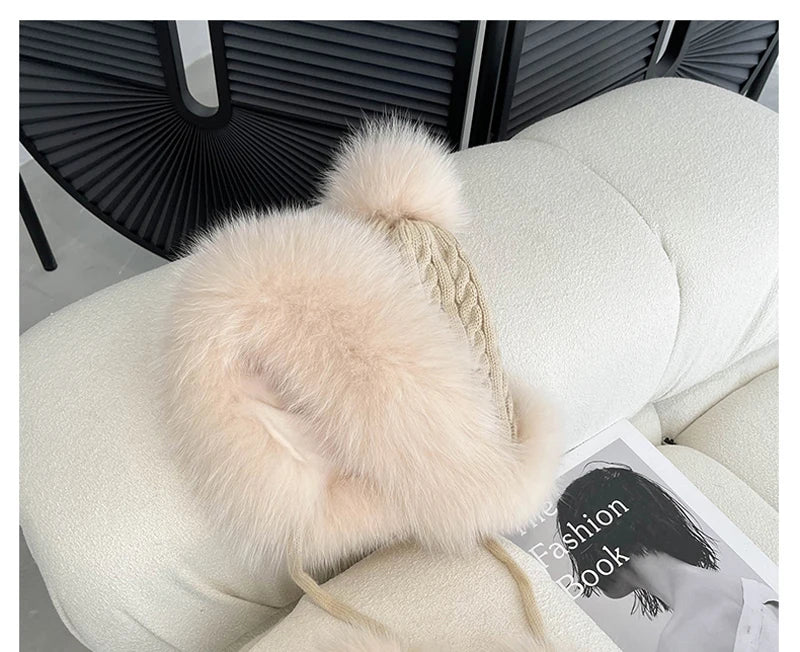 Winter Women Real Fox Fur Hat Fashion Casual Outdoor Warm Knitted Hats Girl Lovely 100% Natural Fox Fur Ear cap bomber caps