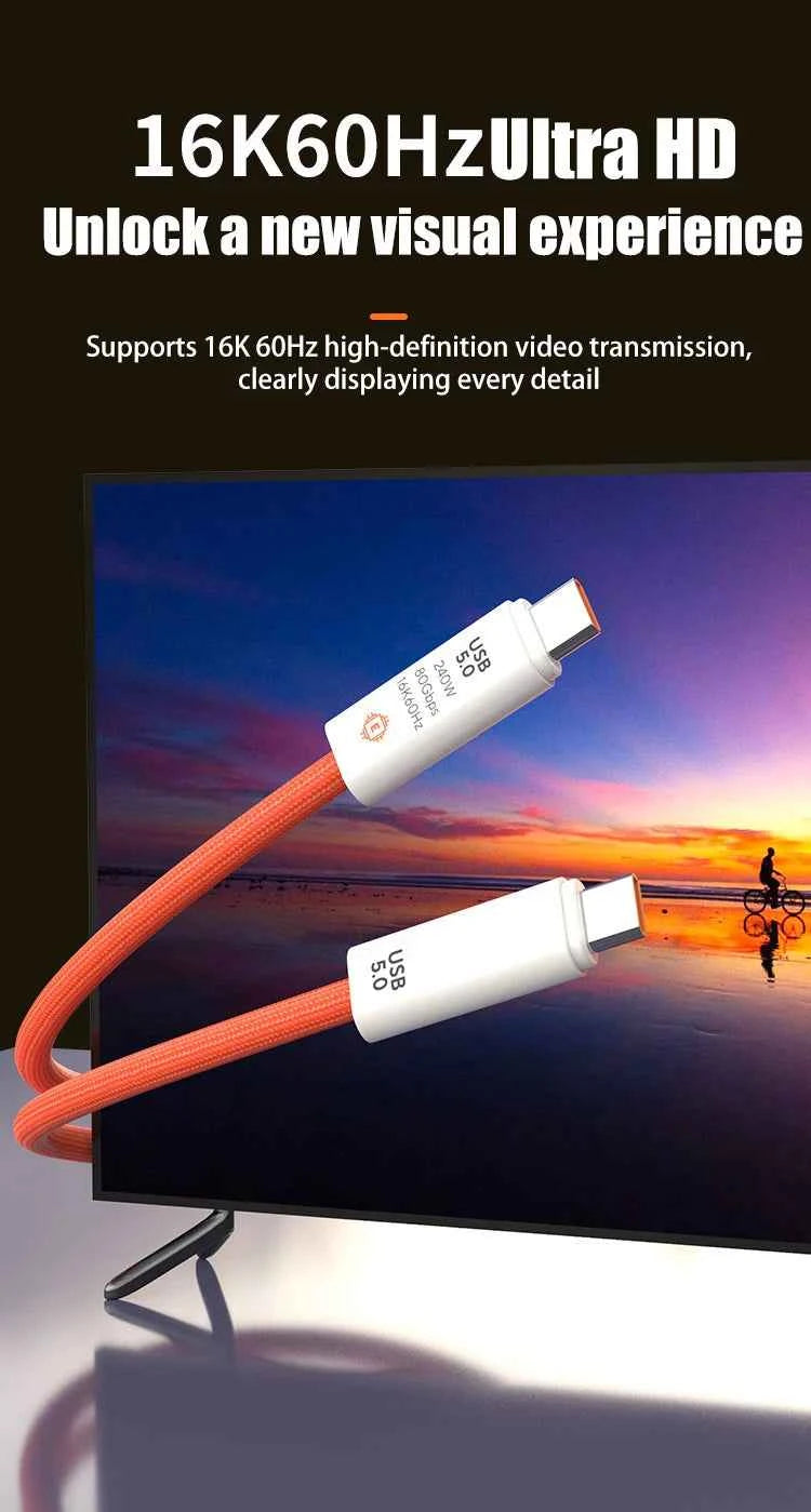 USB 5.0 Nylon Braided Cable with Dual Type-C Ports 240W PD Fast Charging Multifunction Data Cable for Screen Casting