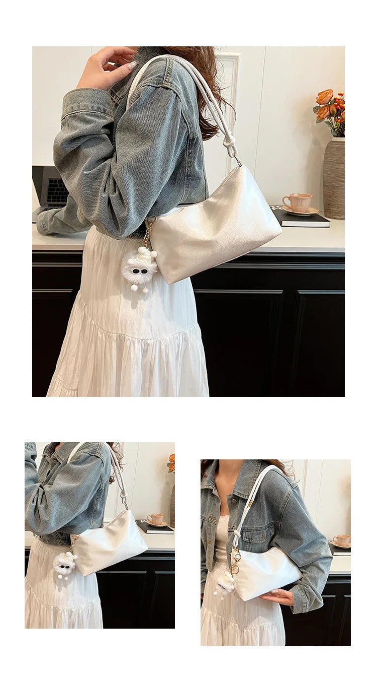 High Quality Solid Color Fashion Elegant Shoulder Bag Smooth Cloth Satin Underarm Bag Leisure Shoulder Bag Lady Handbags Purse