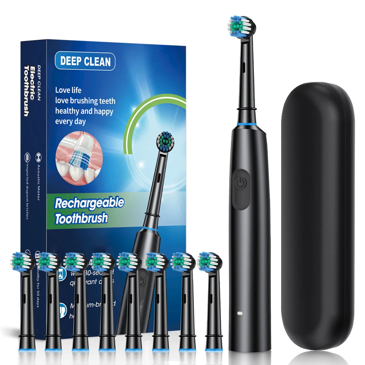 black 8 heads box Color Rechargeable Electric Toothbrush – 5 Modes, Smart Timer