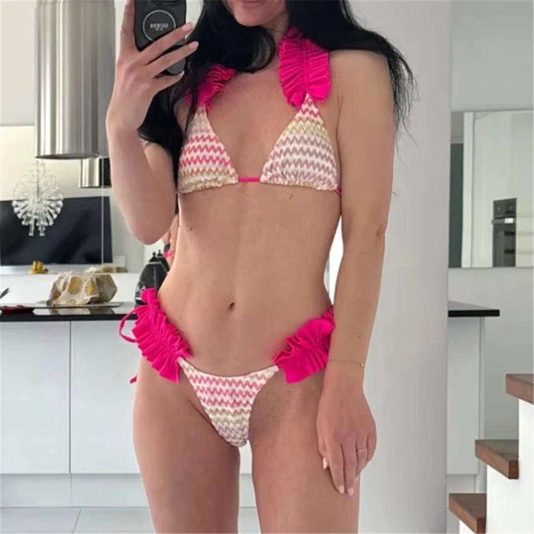 With Skirt Waved Ruffled Frilled Bikini Female Swimsuit Women Swimwear Three-Pieces Bikini Set Bather Bathing Suit Swim V5235