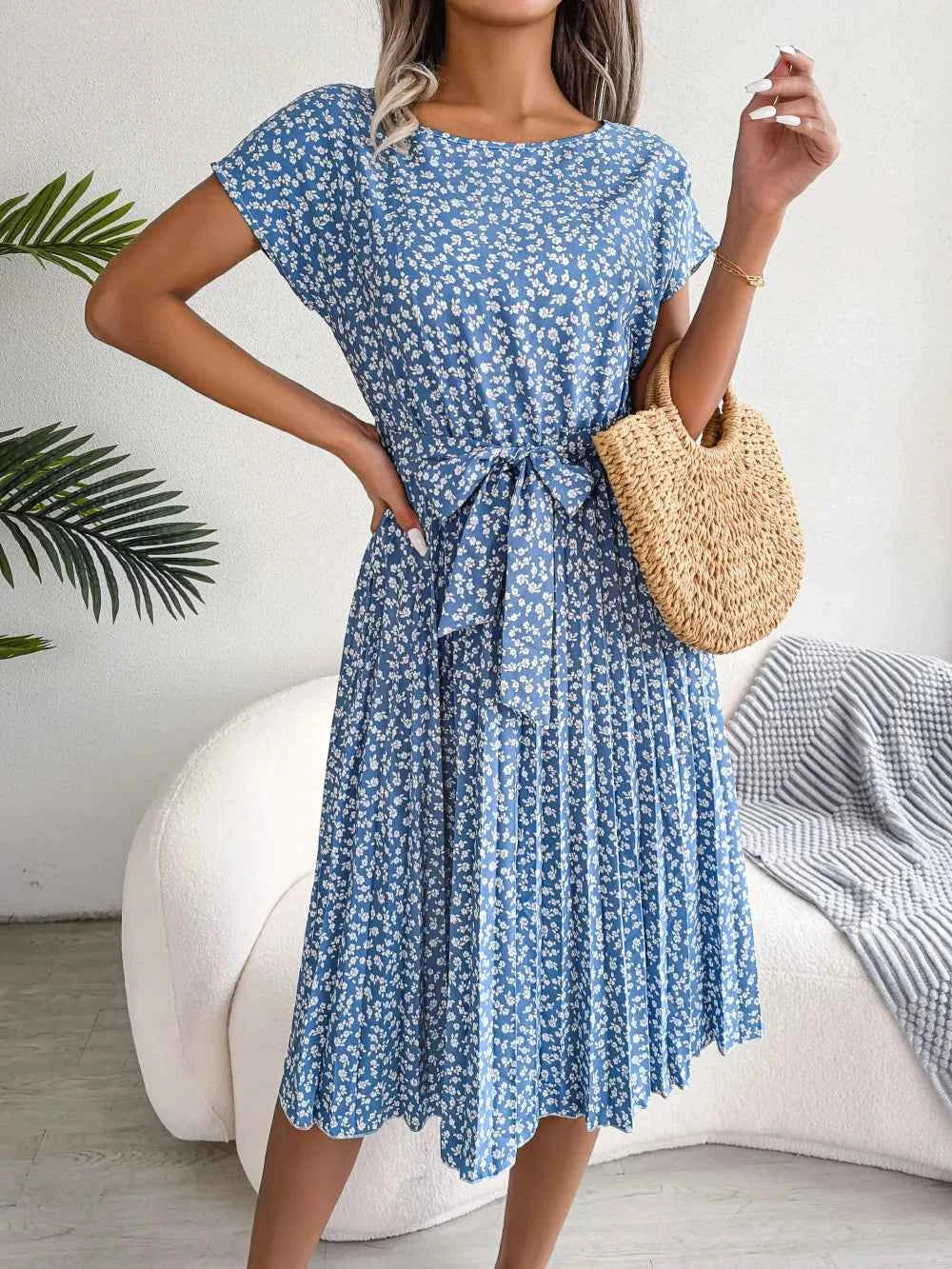Ficusrong Fashion Floral Pleated A Line Long Dress Women Spring Summer Short Sleeve High Waist Chic Dress