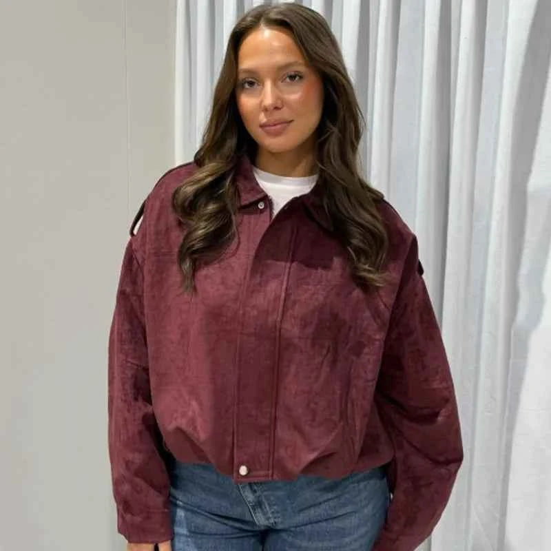 HXAO Suede Cropped Jacket Women's Bomber Jacket Oversized Batwing Sleeves Outerwears Lady Casual Loose Coat Street Style Jackets