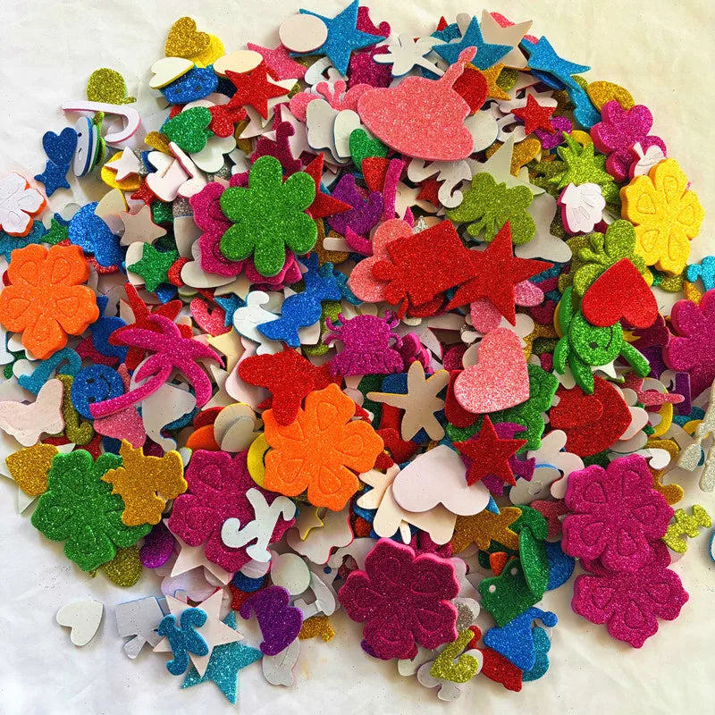 100PCS Glitter Foam Stickers Assorted Shapes Self-Adhesive Craft Stickers for Kids DIY Scrapbooking Card Making Classroom Decor