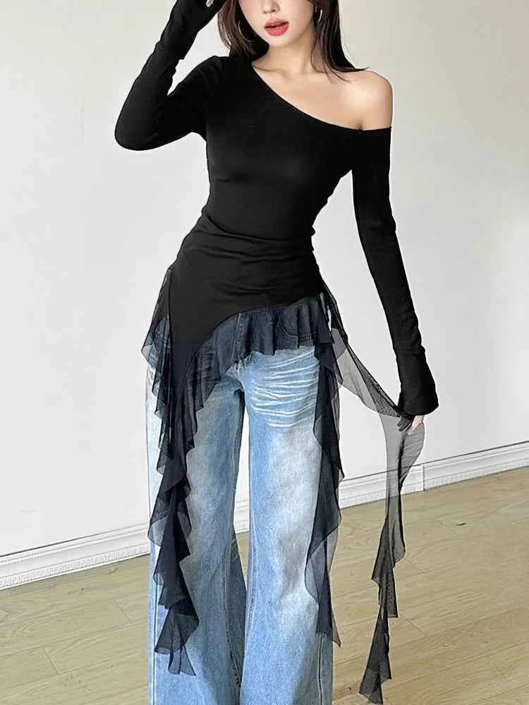 Lace Ruffles Tassel Off shoulder Long sleeve T shirt Women Sweet Gentle Basic Top Tees Shirt Sexy 2025 New