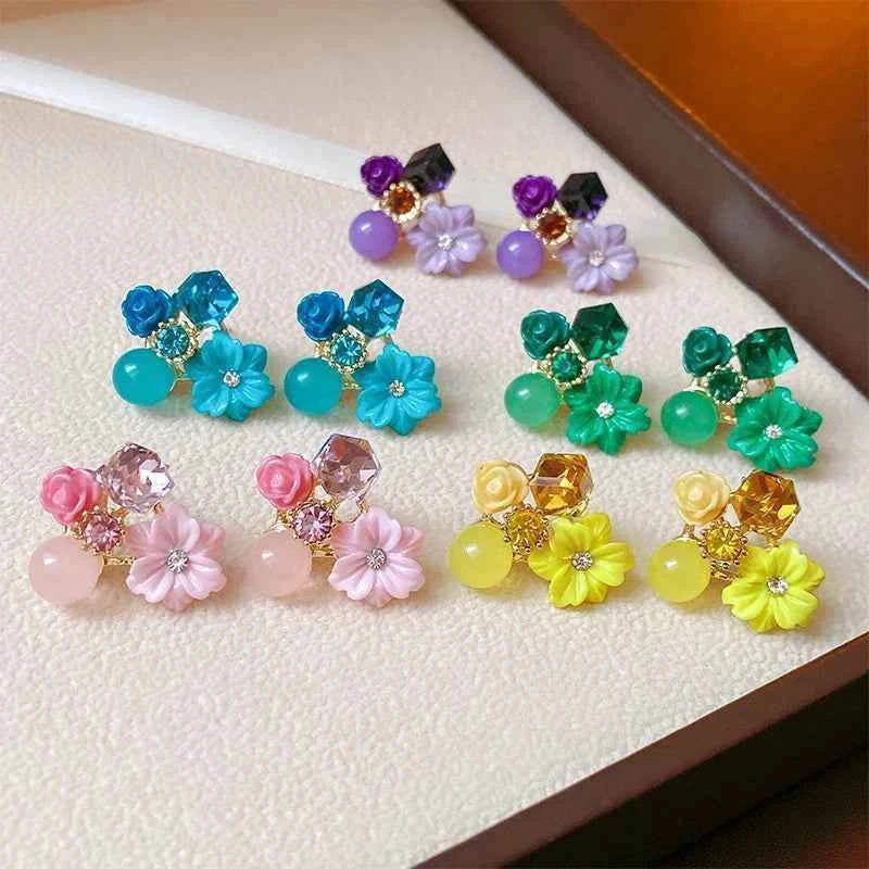 Colorful Flower Earrings Imitation Pearl Geometric Stud Earrings For Women Sweet Elegant Earrings For Party Banquet Jewelry Gift