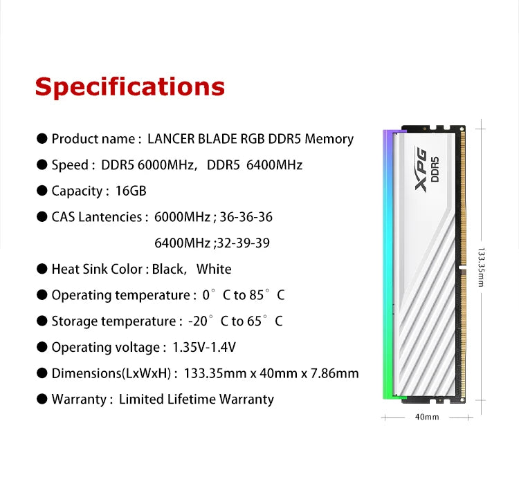 ADATA XPG LANCER Blade D300G RGB DDR5 MEMORY 16GB 6000MHz  16GB 6400MHz 32GB 6000MHz  32GB 6400MHz  Desktop ram Computer Ram