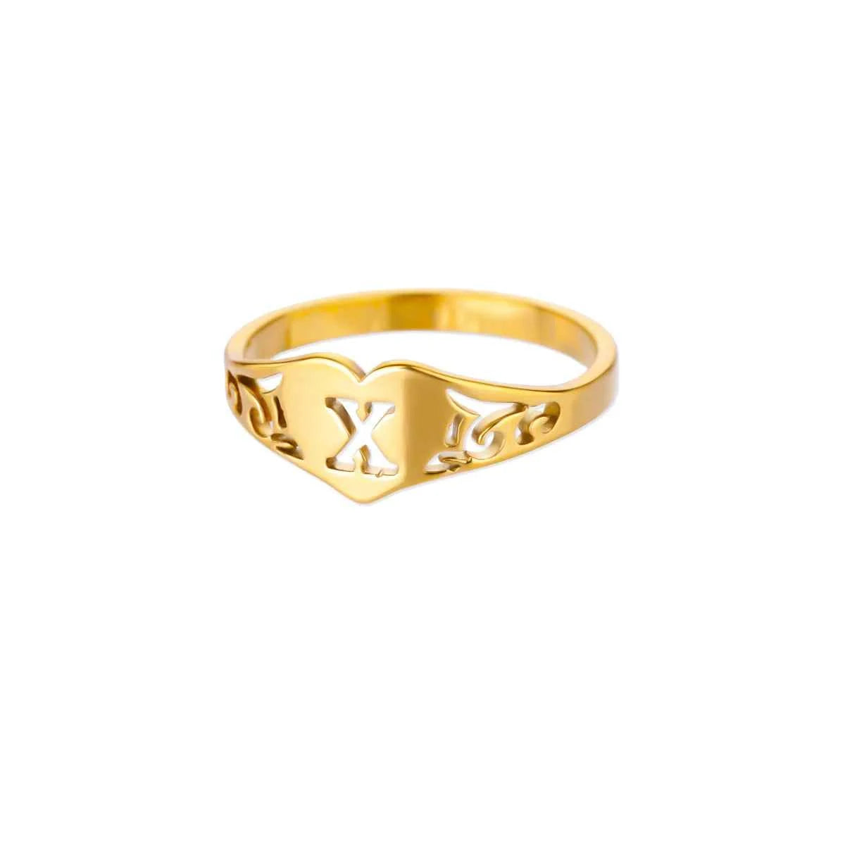 Fashion Hollow Initial Letter Heart Rings For Women Gold Color Stainless Steel A-Z Letter Ring Aesthetic Wedding Jewelry Gift