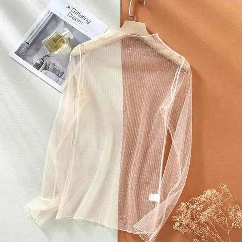 Spring Summer Women Sexy Black Mesh Tops Bottoming T Shirts Transparent Sheer Blouses Turtleneck Streetwear Tees Sunscreen Top