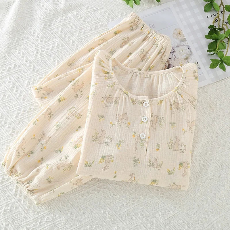 2023Women's Pajamas Pure Cotton Women's Long sleeved Pants Round Neck Loose Homewear Small Fower Print Baby Cotton Sleepwear Set