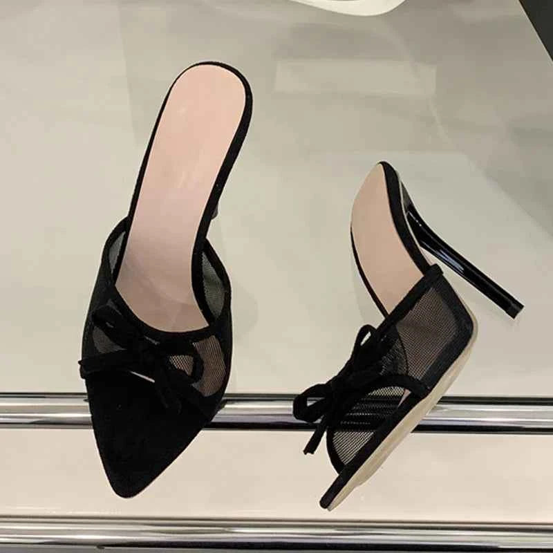 Liyke Street Fashion Bowknot Mesh Women Slippers Sandals Sexy Pointed Open Toe Black High Heels Mules Slides Party Banquet Shoes
