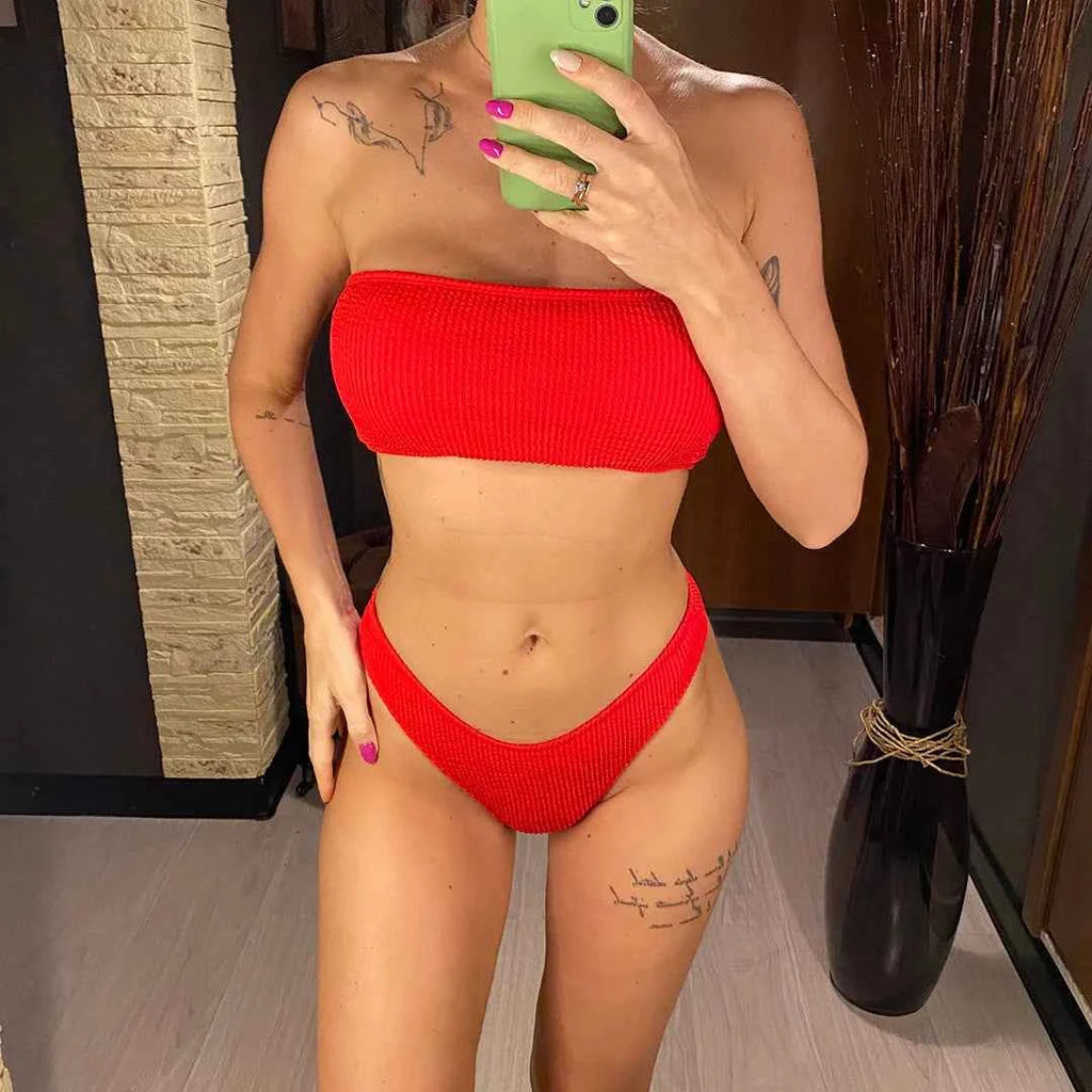 Bandeau Wrinkled Crinkled Bikini Female Swimsuit Women Swimwear Two-pieces Bikini set High Cut Bather Bathing Suit Swim V3314