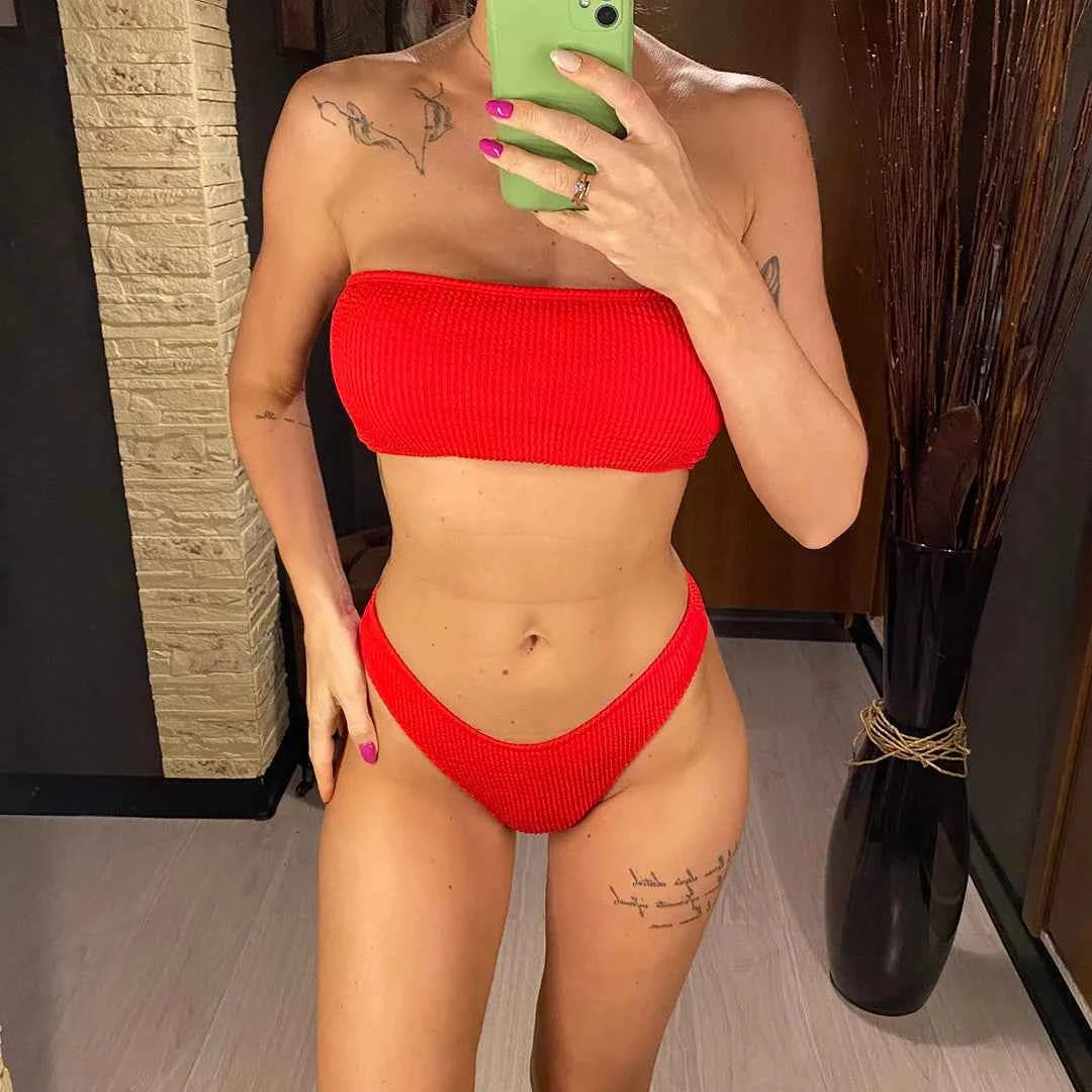 Bandeau Wrinkled Crinkled Bikini Female Swimsuit Women Swimwear Two-pieces Bikini set High Cut Bather Bathing Suit Swim V3314