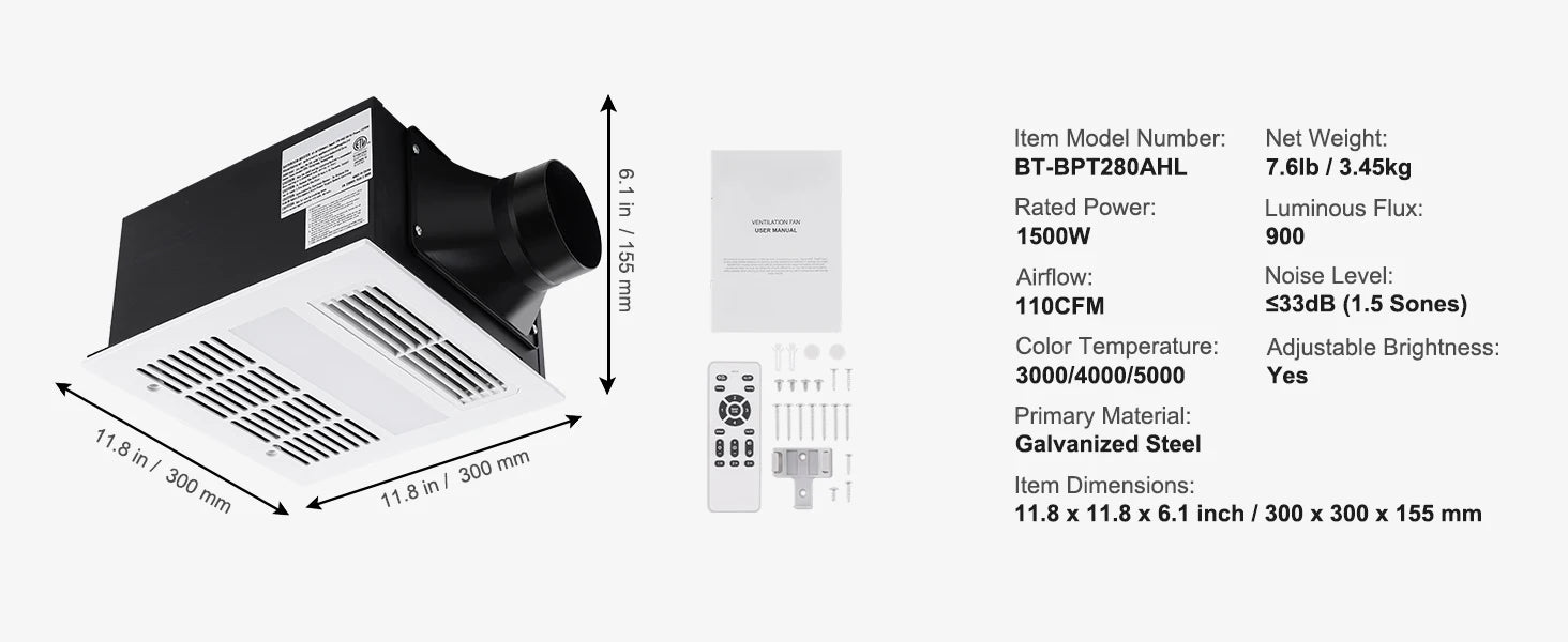SucceBuy Bathroom Exhaust Fan 80/110CFM High-Efficiency Ventilation 1.5sones Low Noise Operation Energy-Saving Bathroom Ceiling